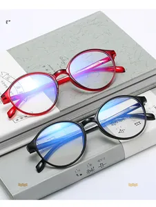 Detail of burgundy and black large round frame glasses with anti-blue light coating