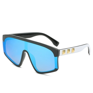 Oversized blue mirror shield sunglasses with black frame and golden rivet details