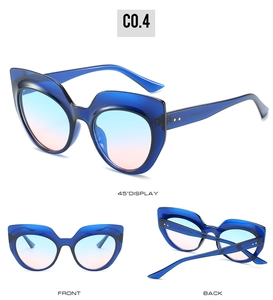 Multi-angle views of deep blue cat-eye sunglasses with pink-blue gradient lenses
