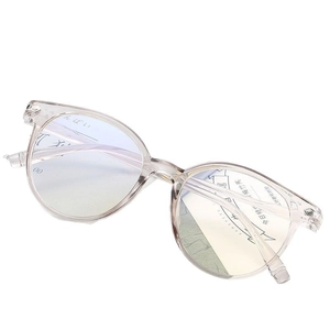 Retro transparent pink resin full frame glasses with light brown anti-blue light lenses