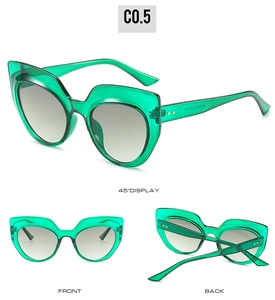 Detailed views showing emerald green cat eye sunglasses frames and arm specifications