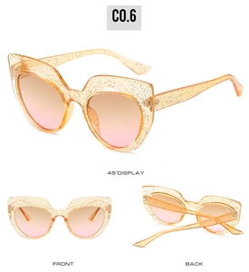 Three-angle view of cat-eye sunglasses with transparent orange frames and gold glitter