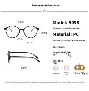Detailed technical drawing of retro round PC glasses with specific dimensions and 9g weight