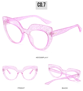 Three-angle view of pink cat-eye sunglasses with sparkly silver glitter inside the frame