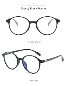Front and 45-degree view of glossy black round frame glasses with blue light blocking lenses