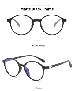 Matte black round frame anti-blue light glasses shown in front and 45-degree angle views