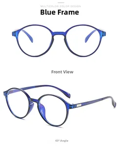 Blue round full-frame eyeglasses showing front and 45-degree angle views with metal hinges