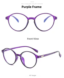 Front and 45-degree side view of purple transparent round frame glasses