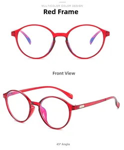 Front and 45-degree views of red round anti-blue light glasses with clear frames