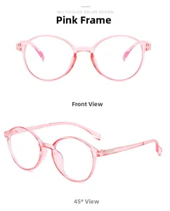 Front and 45-degree angle views of vintage round pink transparent anti-blue light glasses