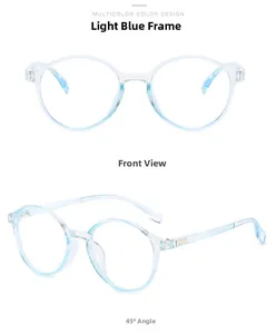 Front and 45-degree side view of light blue round frame anti-blue light glasses