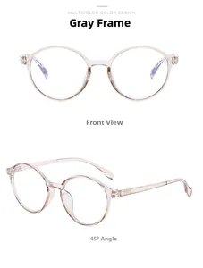 Front and 45-degree angle view of vintage round transparent gray computer glasses