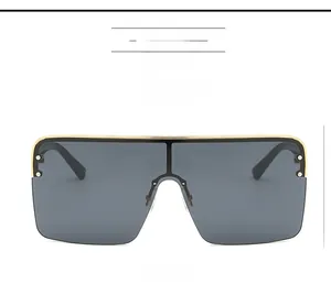 Flat top shield sunglasses with gold frame, rivet details and dark grey gradient lens