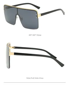 Detail view of large square oversized sunglasses showing 45-degree and side profiles