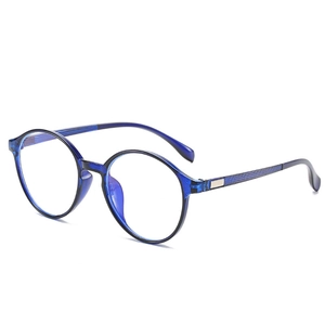 Classic blue translucent round frame anti-blue light glasses with silver metal accents