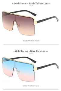 Oversized gradient square sunglasses in gold metal frames with blue-pink and yellow lenses