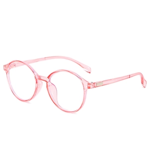 Pink transparent round frame glasses with anti-blue light lenses shown in a side view