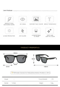 Detailed size chart for retro square sunglasses with lens and frame measurements