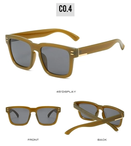 Three-way view of olive green retro rectangular sunglasses with gold temple accents