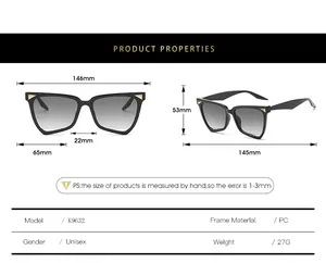 Size chart detail for stylish irregular sunglasses showing frames and lens dimensions