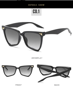 Detailed views of irregular cat-eye sunglasses with black frames and gold metal accents