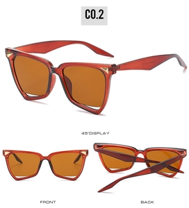 Detailed multi-angle views of irregular geometric sunglasses in translucent red-brown frames