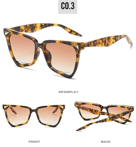 Detailed views of tortoiseshell sunglasses with orange gradient lenses and gold triangle decor