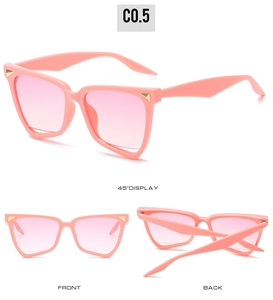 Detailed views of pink irregular cat eye sunglasses with golden metal corner accents