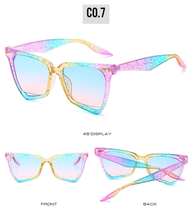 Irregular rainbow glitter sunglasses with blue-pink gradient lenses in multi-angle view