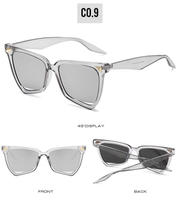 Detailed views of grey cat-eye sunglasses with unique geometric frames and gold accents