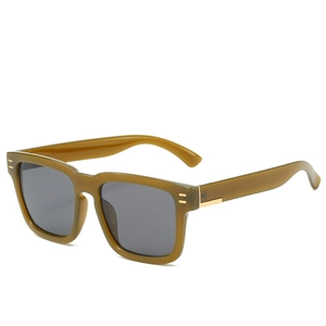 Classic olive green square frame sunglasses with grey lenses and vintage gold rivet details