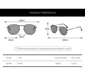 Detailed size chart for retro polygonal sunglasses showing dimensions and PC metal frame data