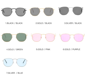 Multiple colors of retro polygonal metal sunglasses displayed in a clean grid layout