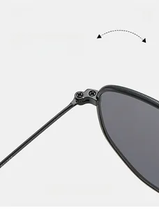 Macro shot of durable black matte sunglasses hinge showing metal screws and frame size
