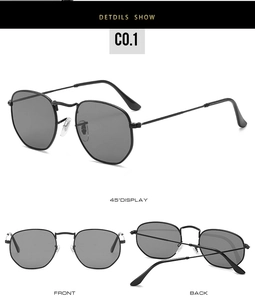 Three-angle view of hexagon metal sunglasses with thin frames and dark lenses