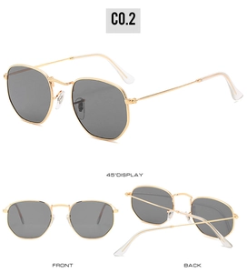 Detailed multi-angle view of gold metal frame hexagonal sunglasses with grey lenses