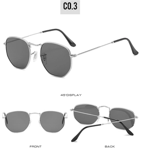 Retro polygon sunglasses with silver metal frame and dark lenses shown from three angles
