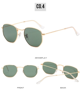 Three-angle view of vintage polygonal sunglasses with gold metal frame and green lenses