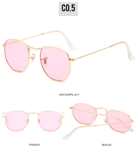 Three-way view of retro polygonal metal sunglasses with pink lenses and gold frame