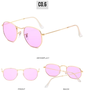Detailed views of gold-tone polygonal sunglasses with pink transparent lenses from three angles