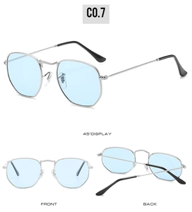 Three views of silver metal hexagonal sunglasses with light blue lenses and black tips