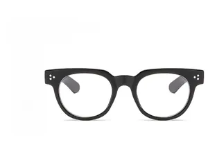 Detail view of black full-rim round glasses frame featuring metallic rivet decorations