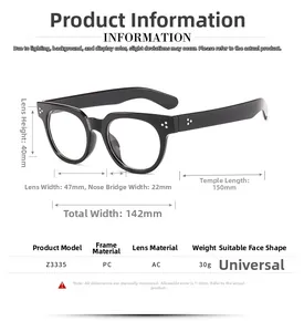 Detailed size specifications and parameters for black vintage round frame glasses
