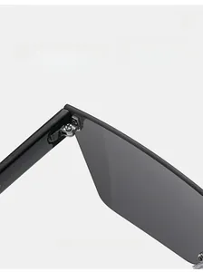 Détail des charnières métalliques de lunettes de soleil oversize aux verres gris foncé
