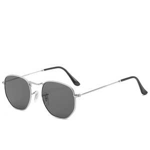 Retro polygonal metal sunglasses with silver frame and black hexagonal lenses for women