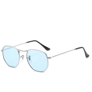 Retro polygonal silver metal sunglasses with light blue transparent lenses and black eartips