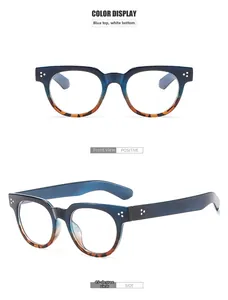Detail view of round gradient blue tortoise shell eyeglass frames with triple metal studs