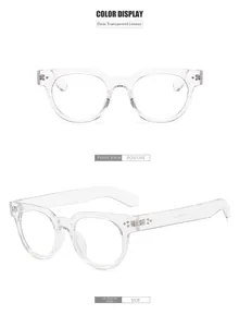 Close-up of transparent round eyeglass frames with silver rivet details and side view