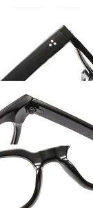 Detail view of black acetate frame with reinforced metal hinges and rivet accents