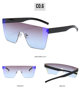 Vues détaillées de lunettes de soleil oversize avec verres dégradés violet-bleu et branches noires
